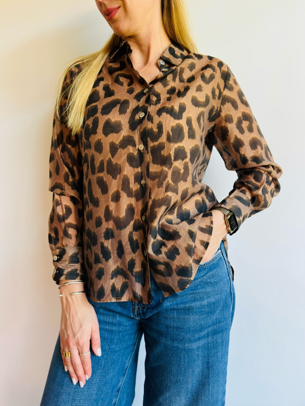 Bailey 44 Leopard Print Lyocell Button Down Shirt Blouse Animal Print Sheer Boho